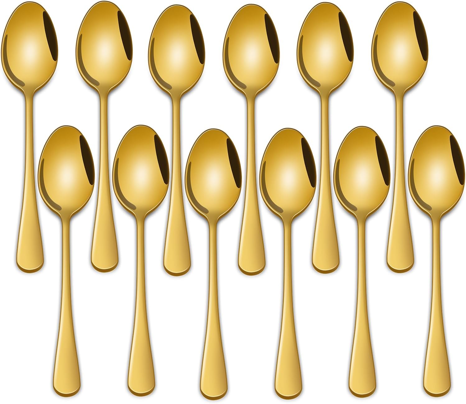 Twelve small gold-finish stainless steel coffee spoons arranged in two rows