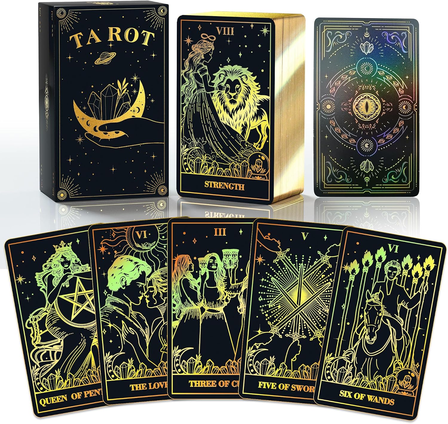 Black and gold foil tarot deck with gilded card edges, shown with its crescent-moon box, the Strength card, a holographic card back, and a fan of five foil-illustrated cards