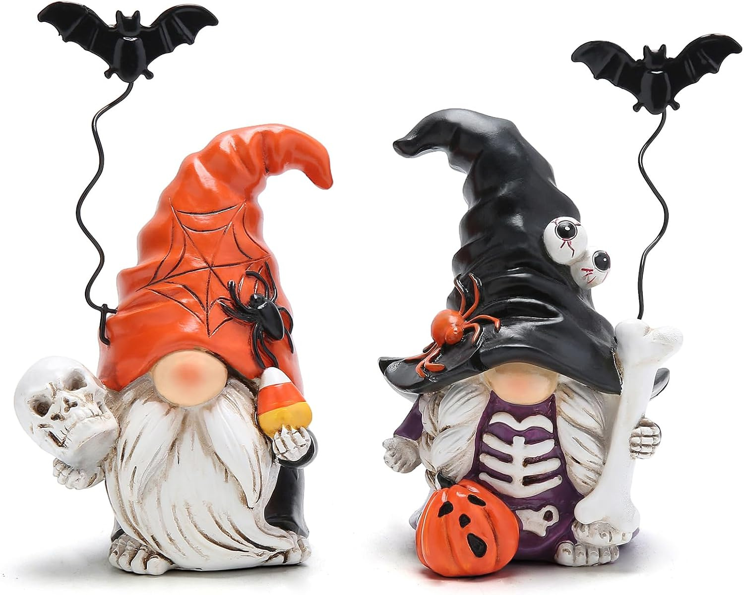 Two Halloween gonk gnomes, one orange-robed with a skull, one skeleton-ribbed with a dangling bat charm