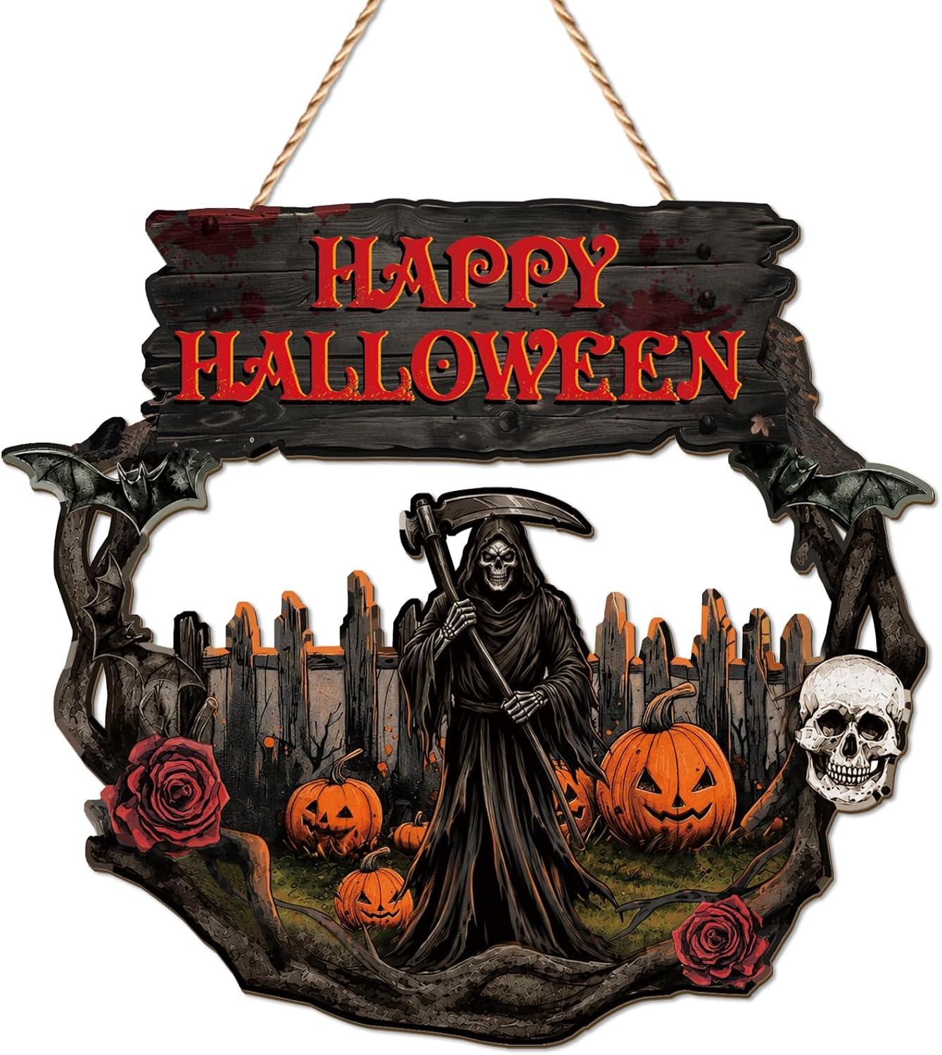 Hanging Halloween sign shaped like a weathered wooden board reading Happy Halloween in red, above a scene of the Grim Reaper with his scythe among jack-o'-lanterns before a broken fence, framed by twisted branches, bats, red roses and a skull