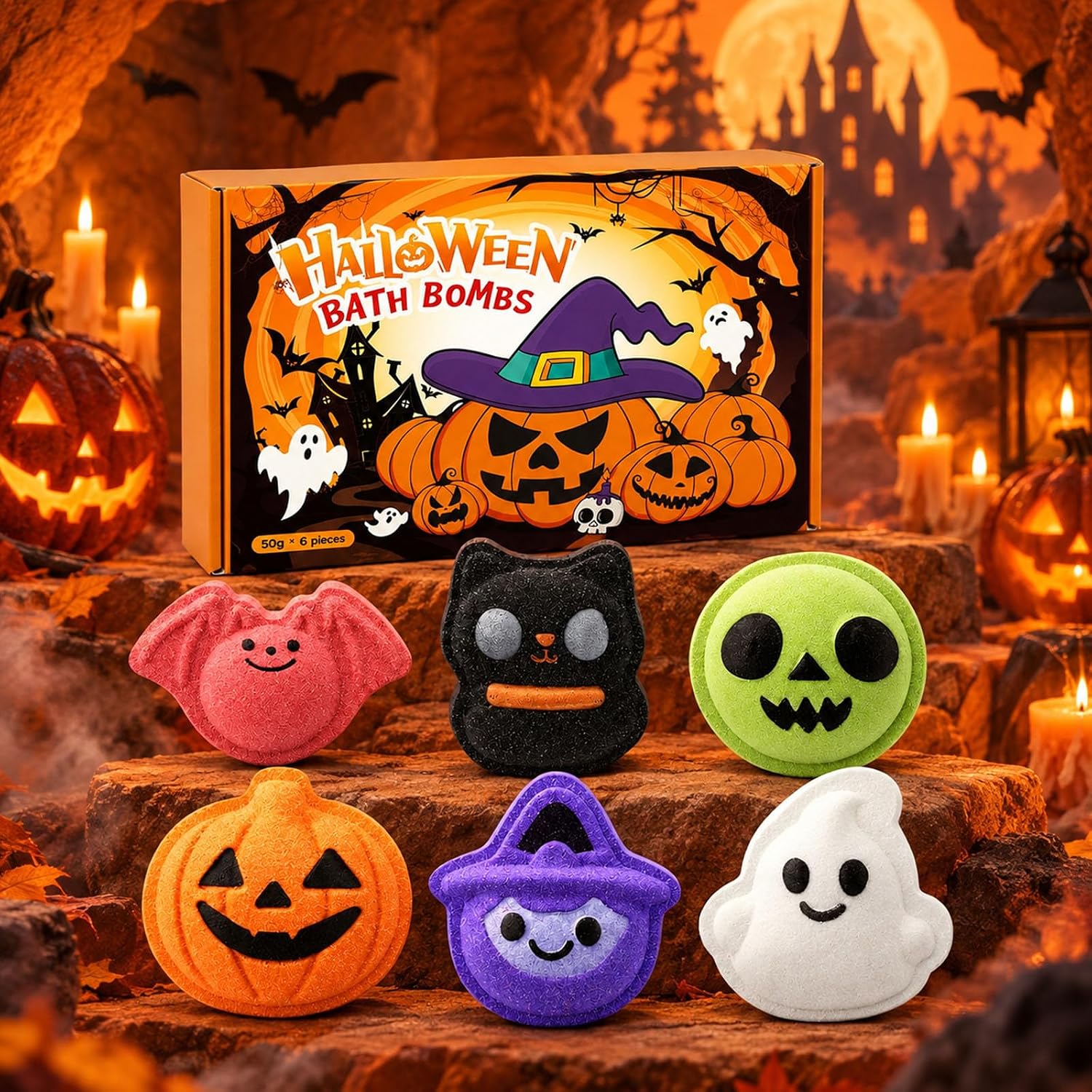 Six Halloween bath bombs shaped like a pink bat, a black cat, a green skull, a jack-o'-lantern, a purple witch and a white ghost, in front of their orange gift box
