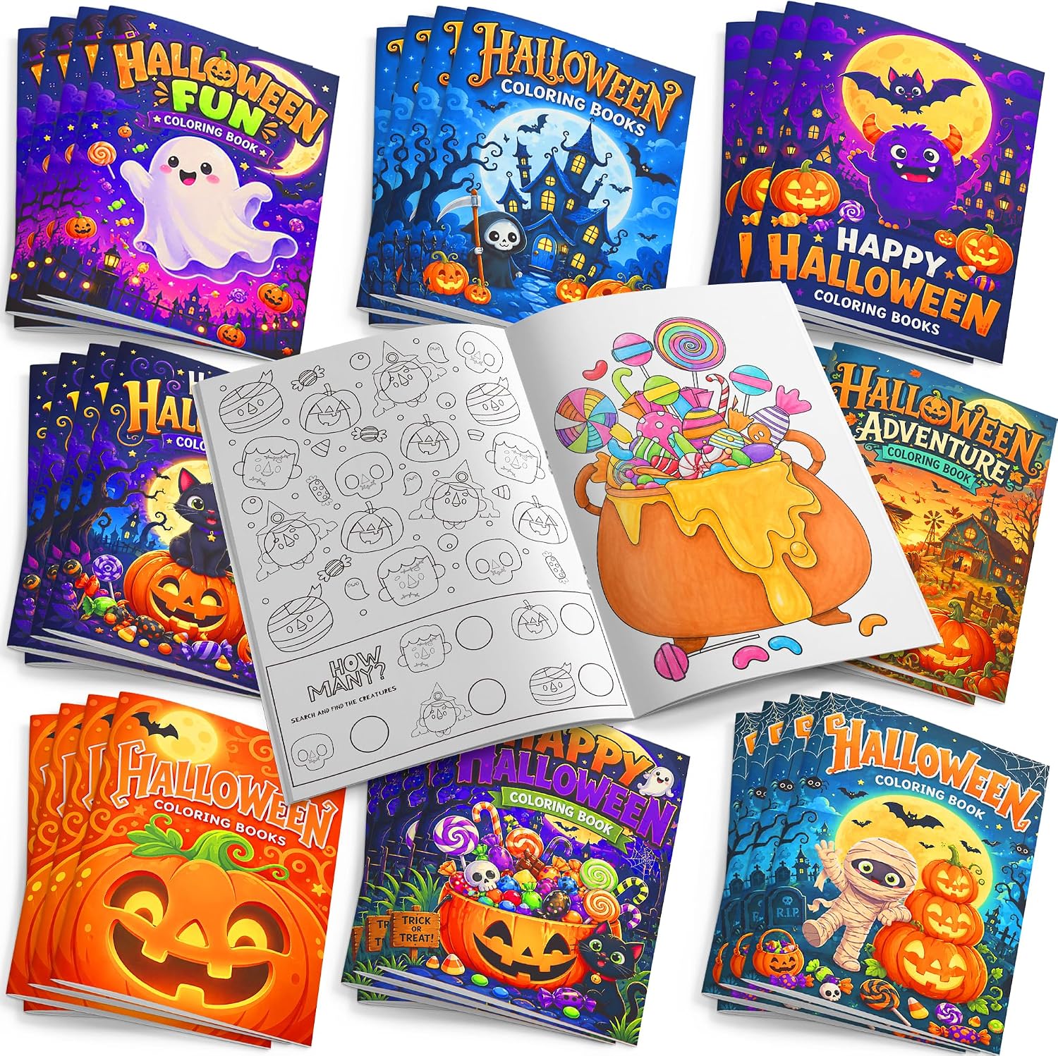 Stacks of mini Halloween colouring books in eight cover designs featuring a cute ghost, a haunted house with a little reaper, a purple monster, a black cat on a pumpkin, a mummy and pumpkins, with one open to a search-and-find page and a cauldron of sweets to colour