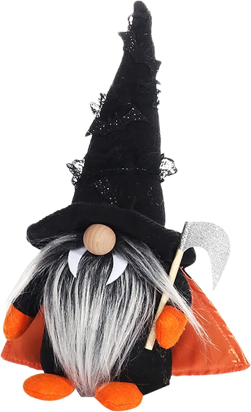 Halloween gonk plush with a tall black witch hat trimmed with glittery bats, a long grey and white beard with little white fangs peeking out, an orange-lined black cape, orange hands and feet, and a glittery silver scythe