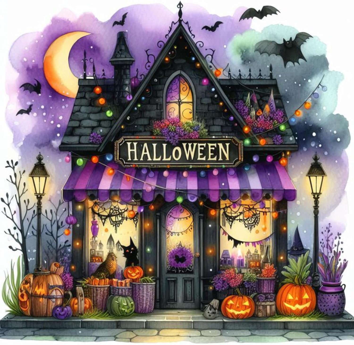 Diamond painting kit design of a watercolour Halloween shopfront with a purple striped awning and a Halloween sign, strung with coloured lights, jack-o'-lanterns and baskets by the door, a black cat in the window, lampposts, bats and a crescent moon