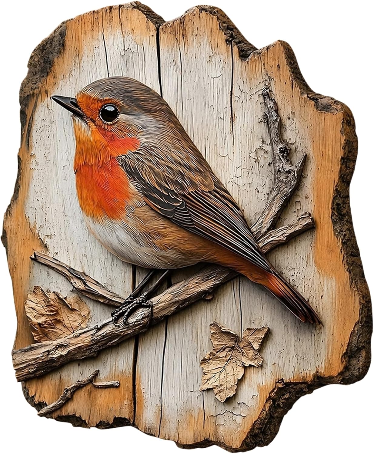 Hand-carved and painted wooden robin ornament on a natural wood slice