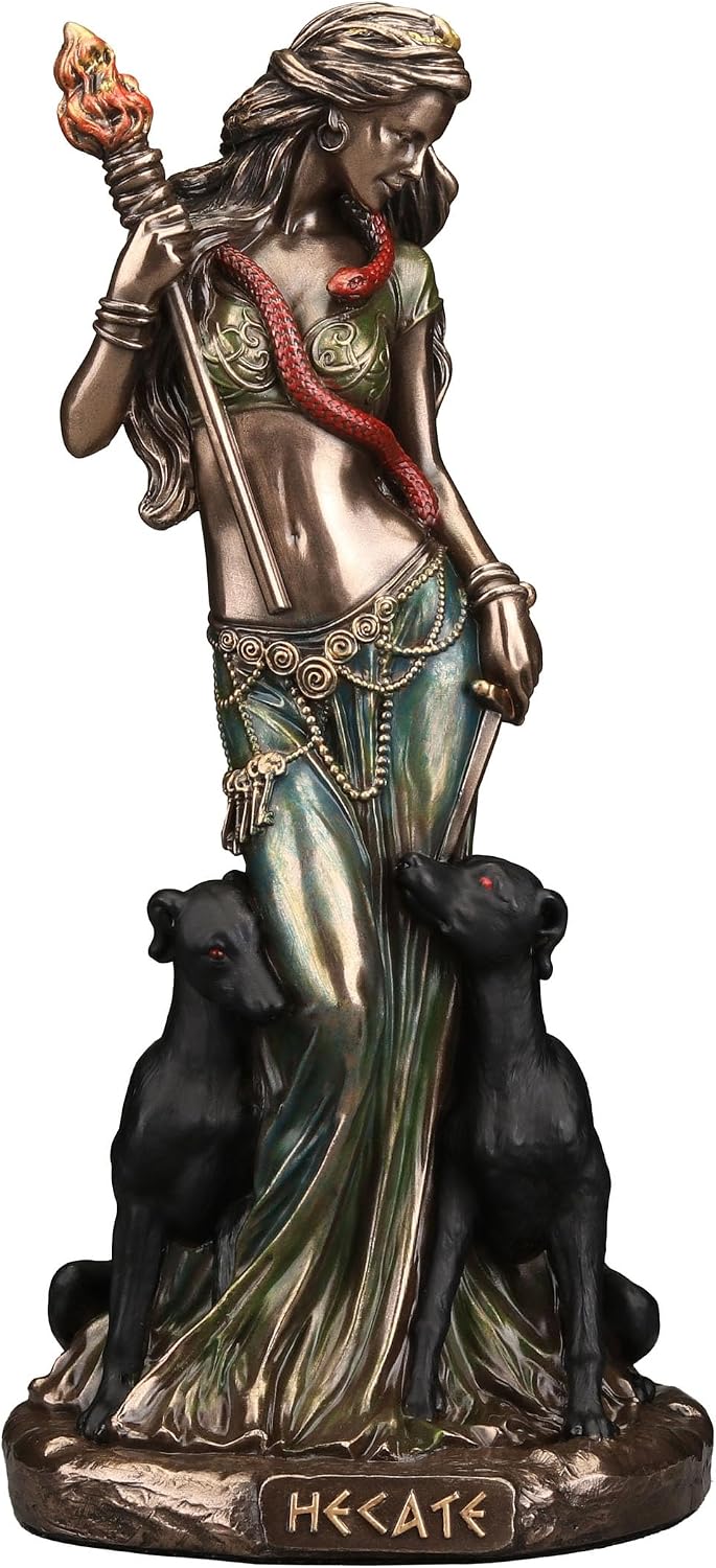 Small cold-cast bronze figurine of the goddess Hecate holding a flaming torch, with a serpent and her black hounds at her feet, on a base marked Hecate