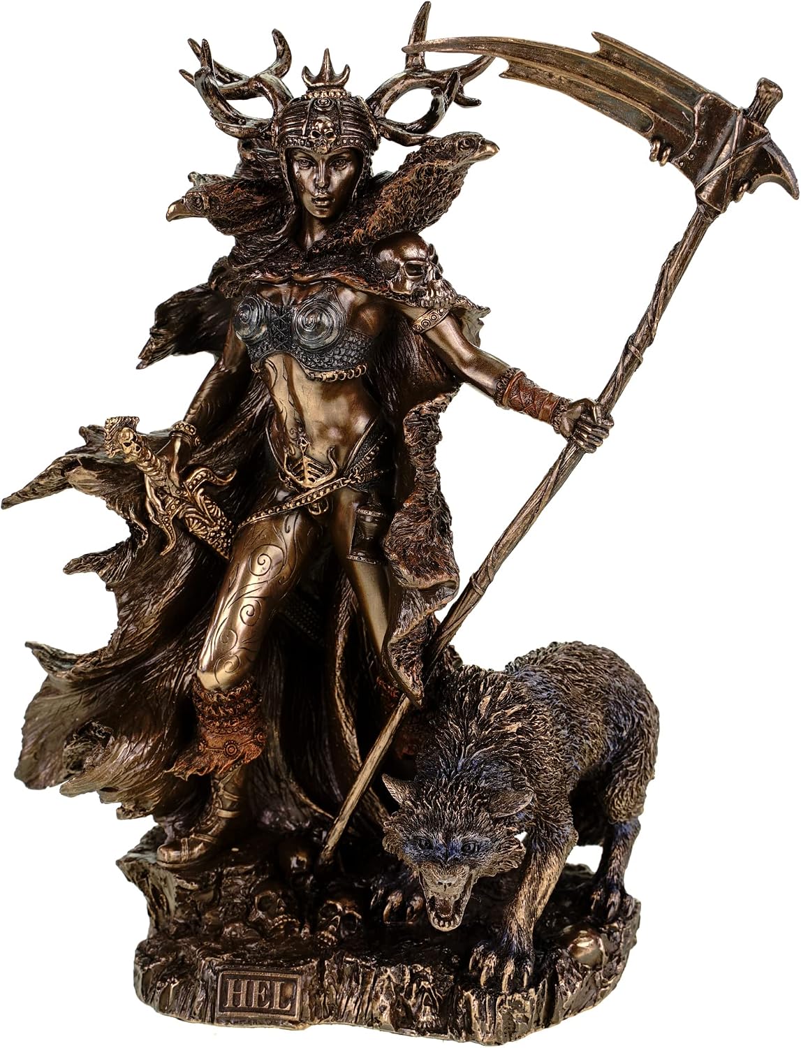 Bronze-finish figurine of Hel, Norse goddess of the underworld, in an antlered helm and fur cloak, holding a sickle, with a snarling wolf at her feet on a base marked HEL