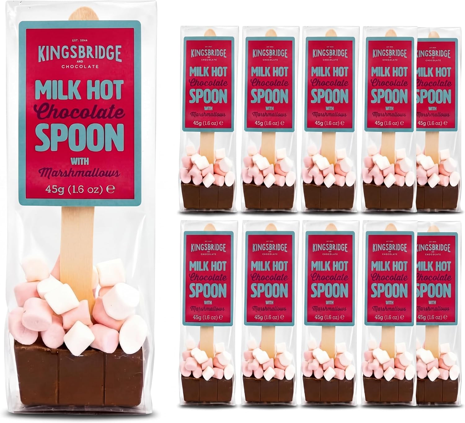 Kingsbridge hot chocolate spoons: chocolate blocks with mini marshmallows on wooden stirrers