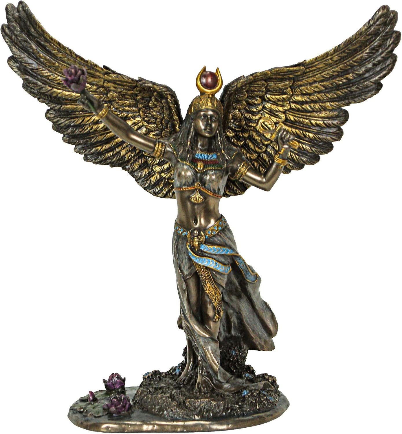 Cold-cast bronze figurine of the Egyptian goddess Isis with great gilded wings spread wide, a sun-disc crown, an ankh in one hand and a lotus flower in the other, rising from a base scattered with purple lotus blooms