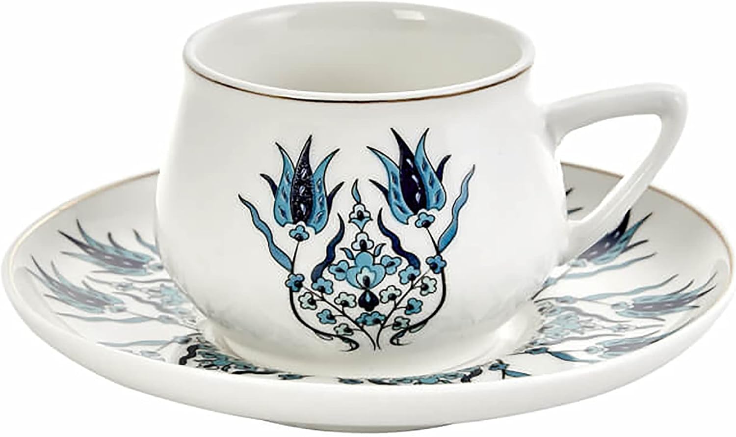 White porcelain Turkish coffee cup and saucer painted with a blue Iznik-style tulip design