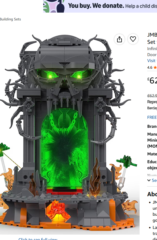 JMBricklayer Dark Portal Gothic Skull building set — a grey brick skull gate with glowing green eyes and a green-lit infinity mirror portal, flanked by torches and flames