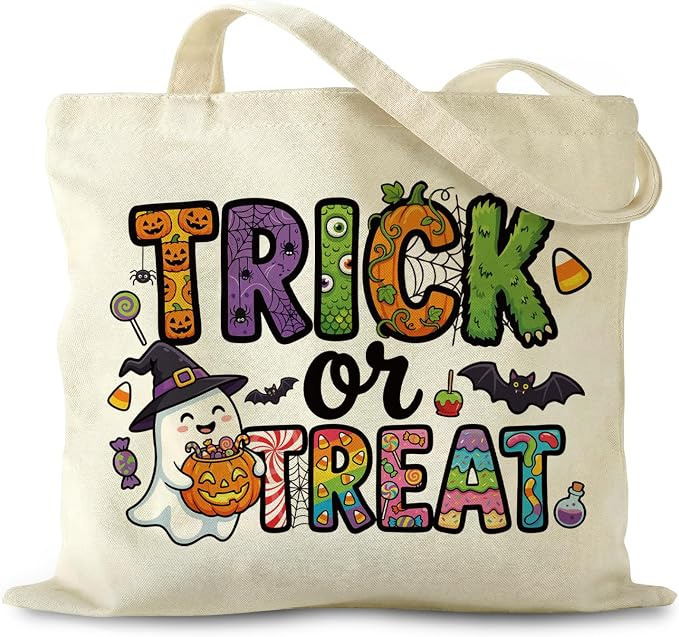 Cream canvas tote bag with colourful cartoon Trick or Treat lettering, ghost, pumpkin and bat design