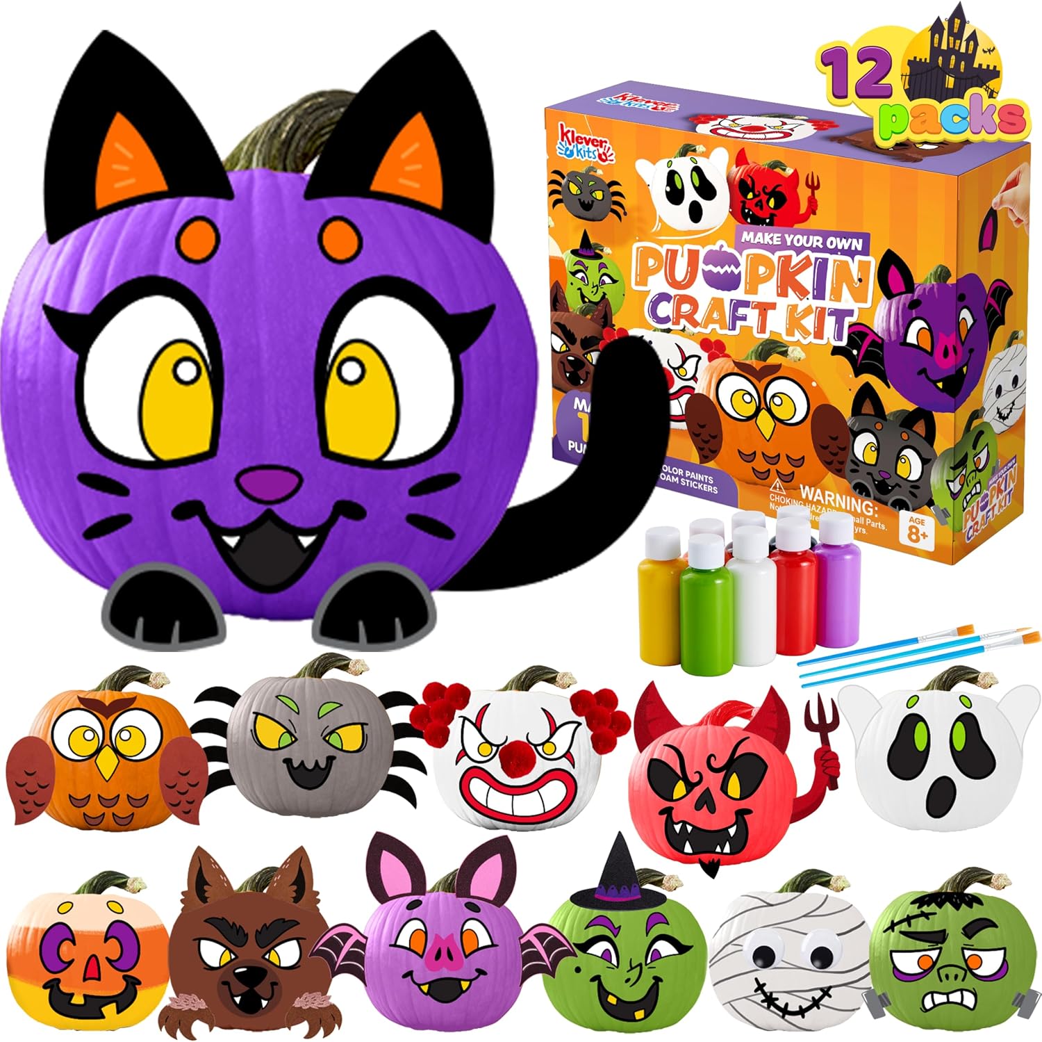 Klever Kits Make Your Own Pumpkin Craft Kit box with paint pots and brushes, and examples of pumpkins painted and stickered as a purple cat, an owl, a spider, a clown, a devil, a ghost, a werewolf, a bat, a witch, a mummy and a monster