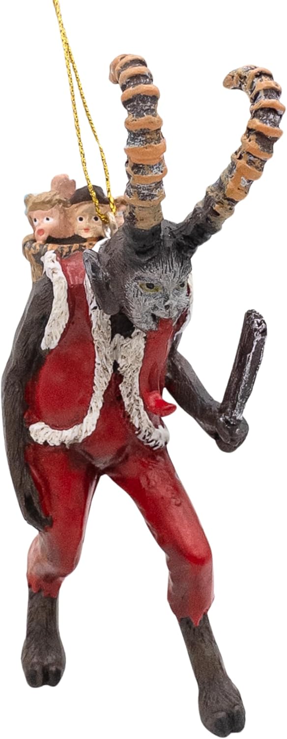 Hand-painted Krampus Christmas ornament, a horned, red-furred Alpine demon with claws and a birch switch, hanging from a gold cord