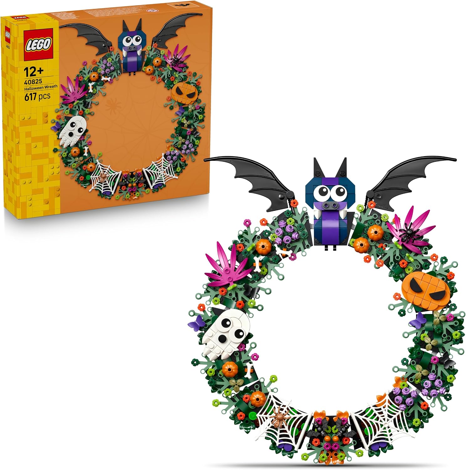 LEGO Halloween Wreath set 40825 and its box, a brick-built wreath of green foliage, pumpkins and purple flowers topped with a big-eyed bat, with a little ghost, a jack-o'-lantern and spider webs