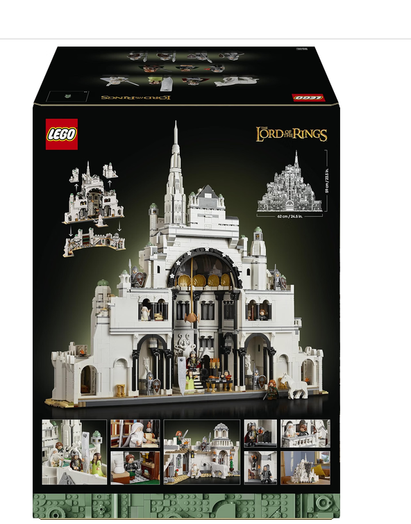 LEGO Icons The Lord of the Rings Minas Tirith model kit box, showing the built white citadel model with minifigures including Gandalf, Aragorn and Arwen