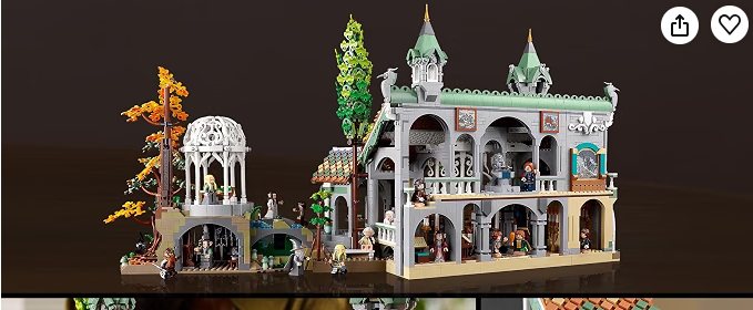 LEGO Icons The Lord of the Rings Rivendell model, showing the elven house with gazebo, autumn trees, and minifigures gathered around the terrace