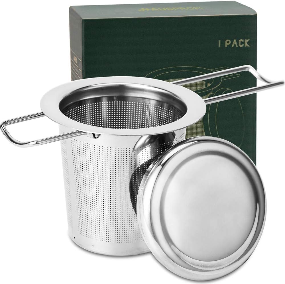 Stainless steel mesh tea infuser basket with folding handles and lid