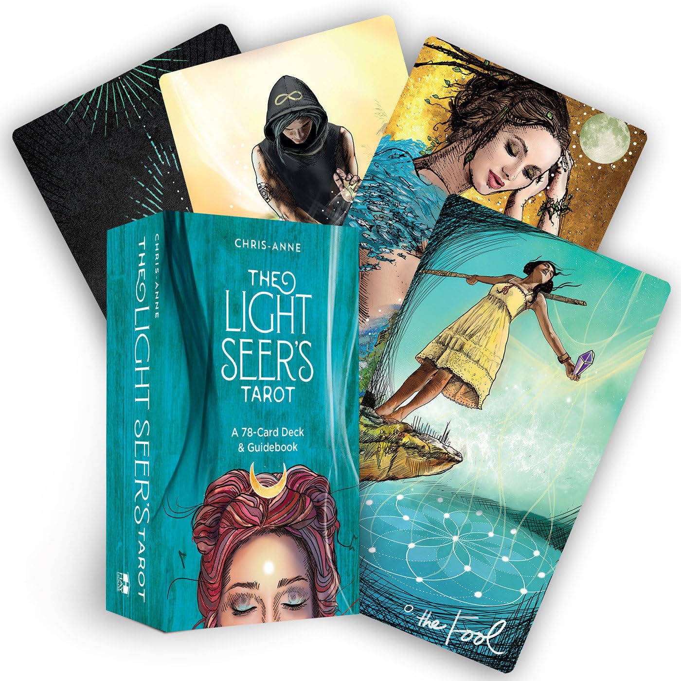 The Light Seer's Tarot box with several of its colourful, contemporary illustrated cards fanned out behind it