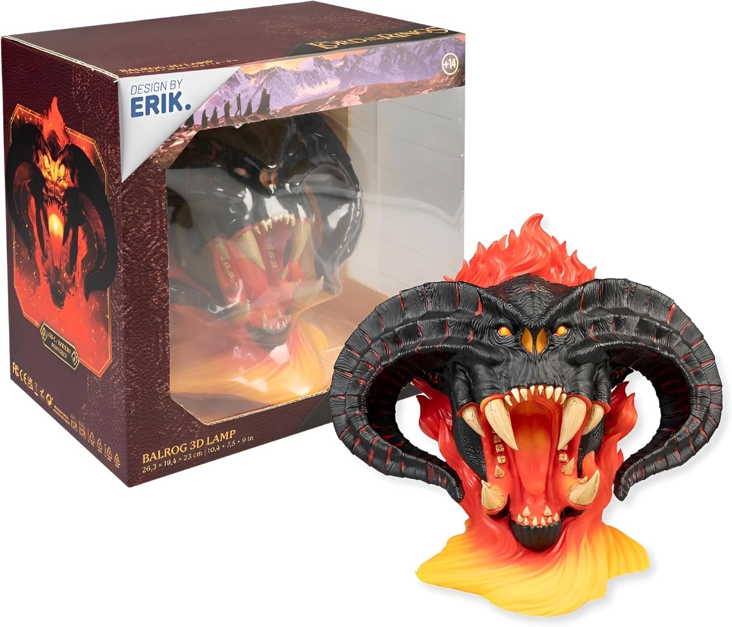 Grupo Erik The Lord of the Rings Balrog 3D lamp, a horned black demon head with a fanged open mouth wreathed in red and yellow flame, beside its gift box
