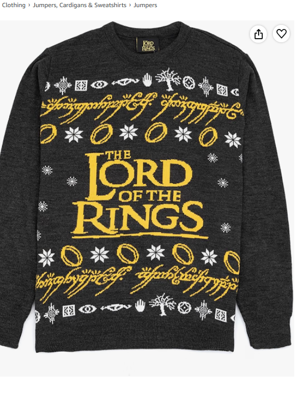 Black knitted Christmas jumper with The Lord of the Rings logo, the One Ring inscription, and snowflake and rune motifs