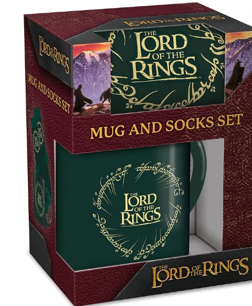 The Lord of the Rings mug and sock gift set in branded packaging, with a dark green mug printed with the One Ring inscription