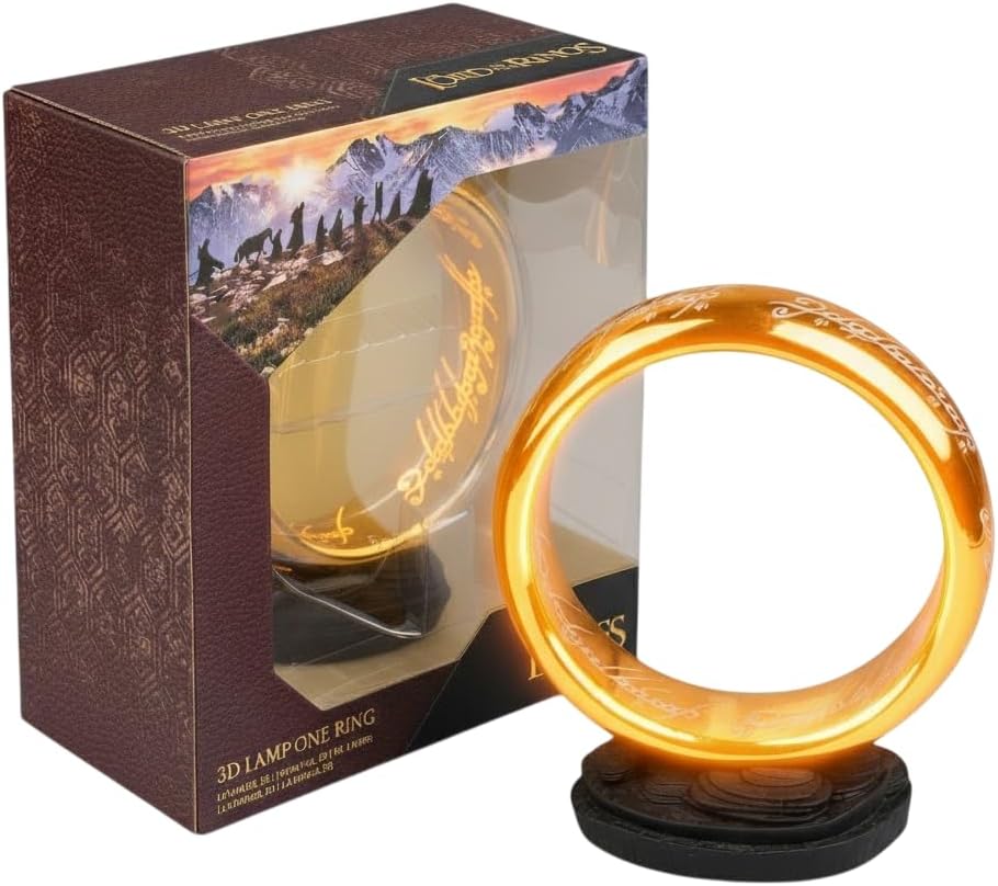 Grupo Erik The Lord of the Rings One Ring lamp, a glowing gold ring with its Elvish inscription lit up, on a dark base beside its gift box