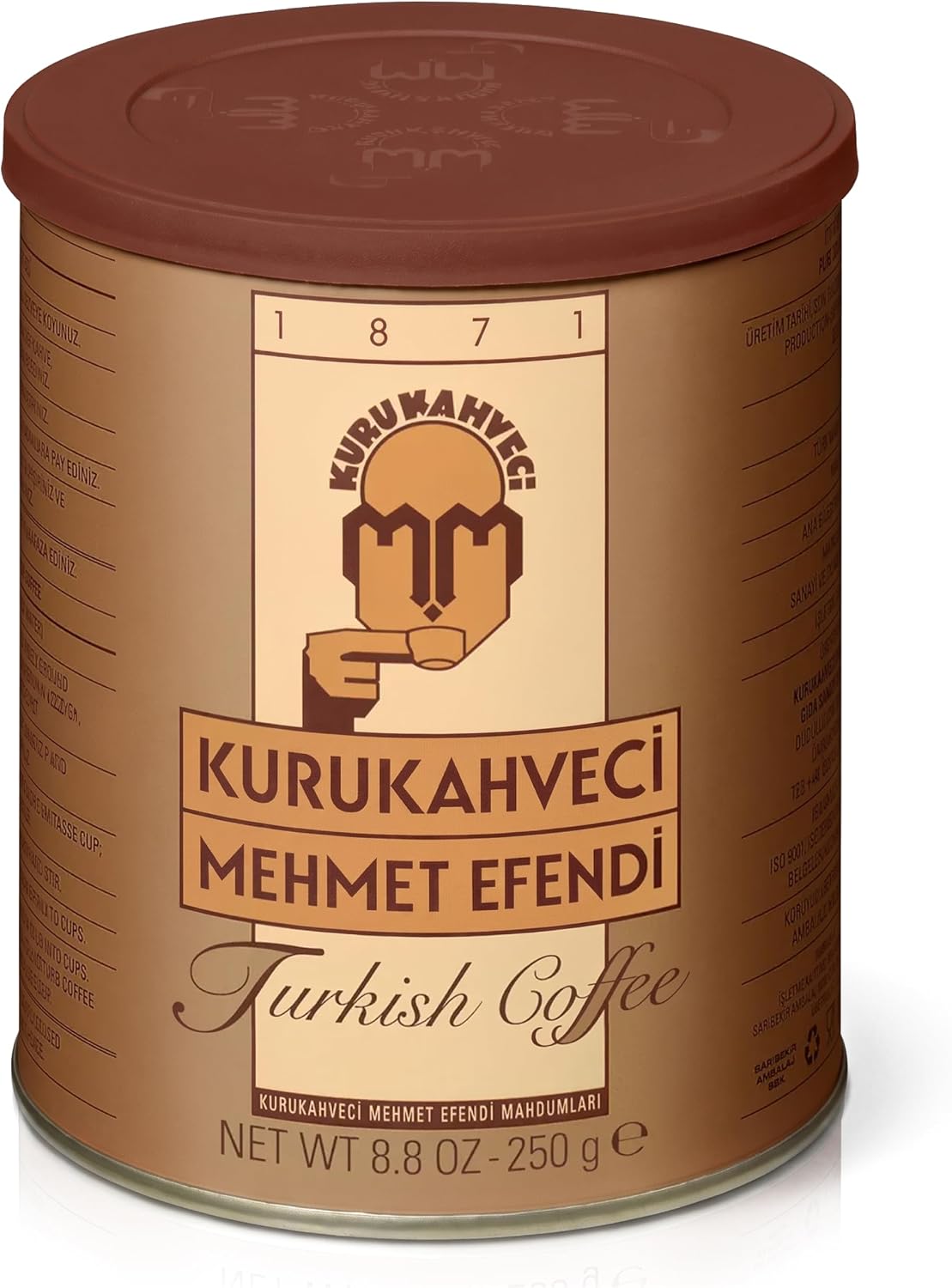 Brown and gold tin of Kurukahveci Mehmet Efendi Turkish coffee, 250g