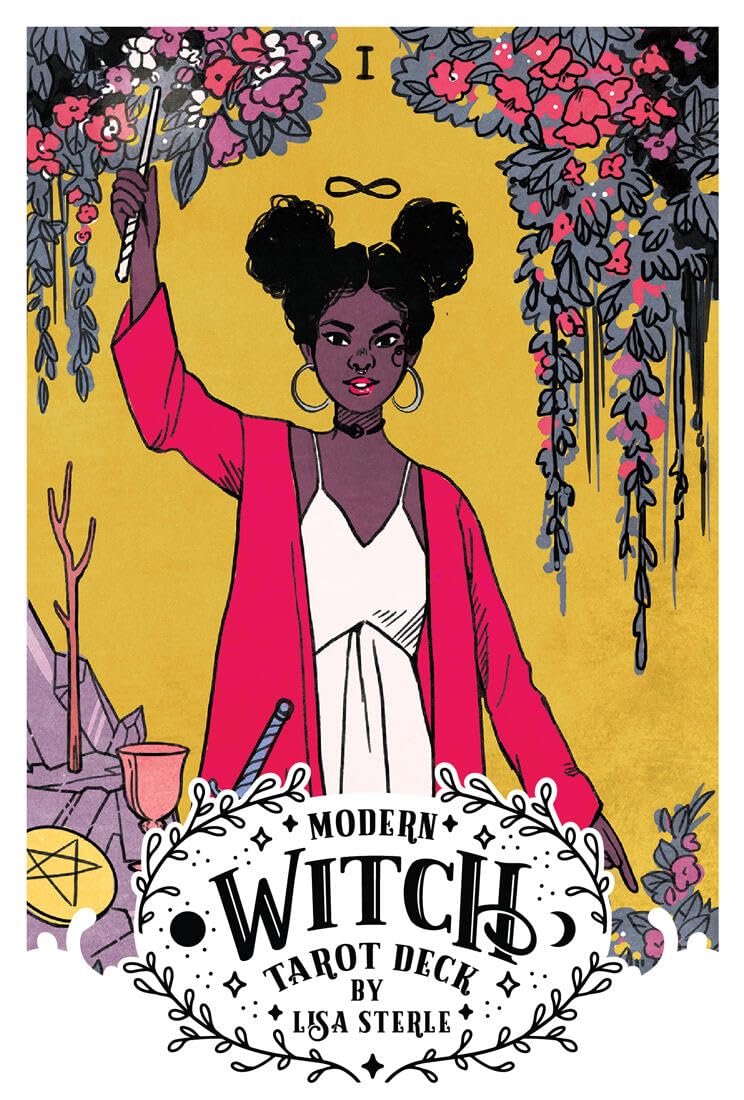 The Modern Witch Tarot Deck cover, a witch in a pink cardigan raising a wand beneath hanging flowers