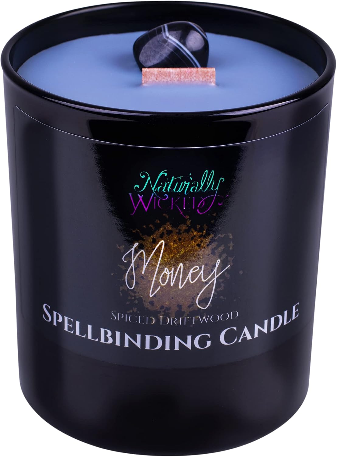 Naturally Wicked Spellbinding Money Candle in a glossy black glass jar, Spiced Driftwood scent, with a tumbled crystal set in the wax beside a wooden wick