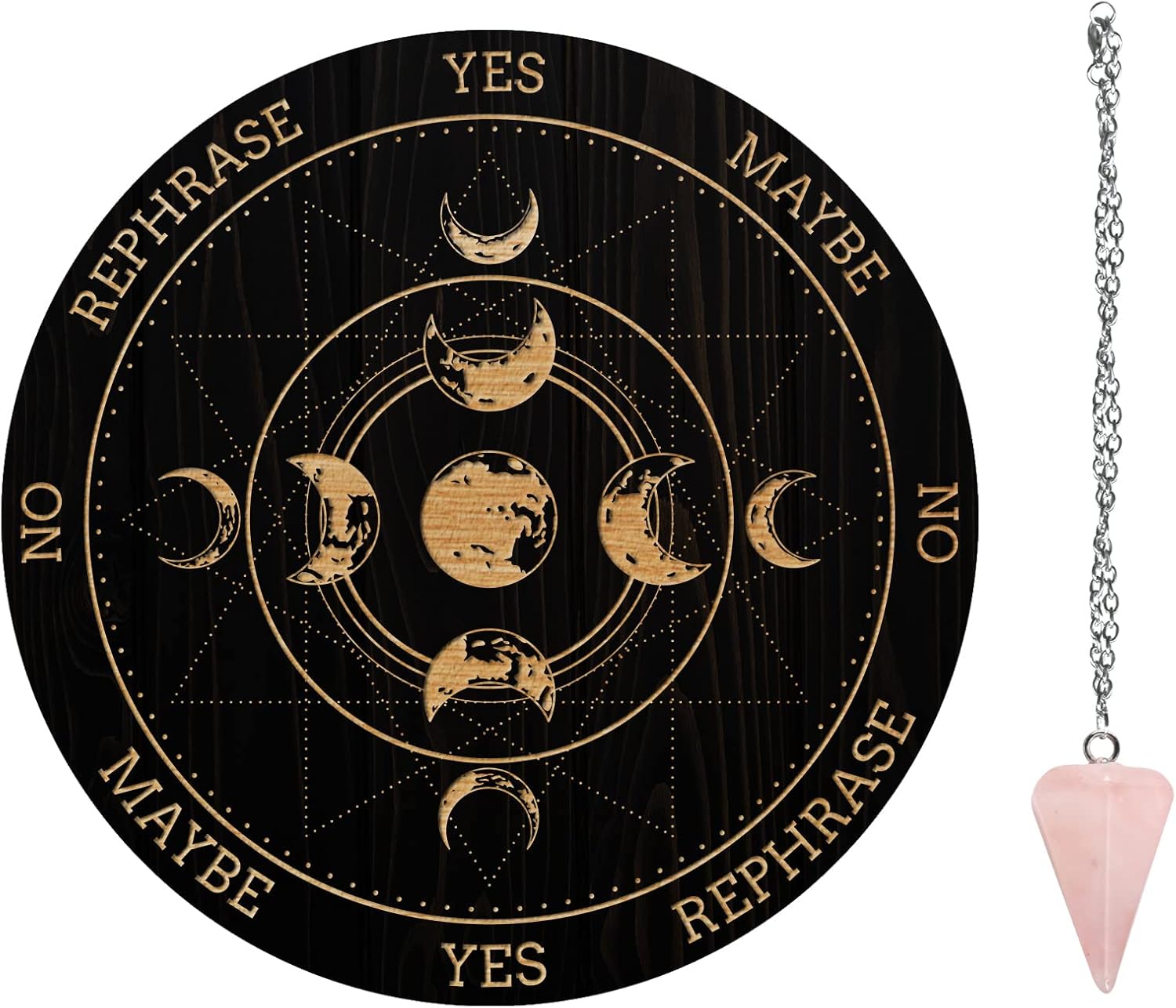 Carved wooden pendulum board with a moon phase track and a crystal pendulum