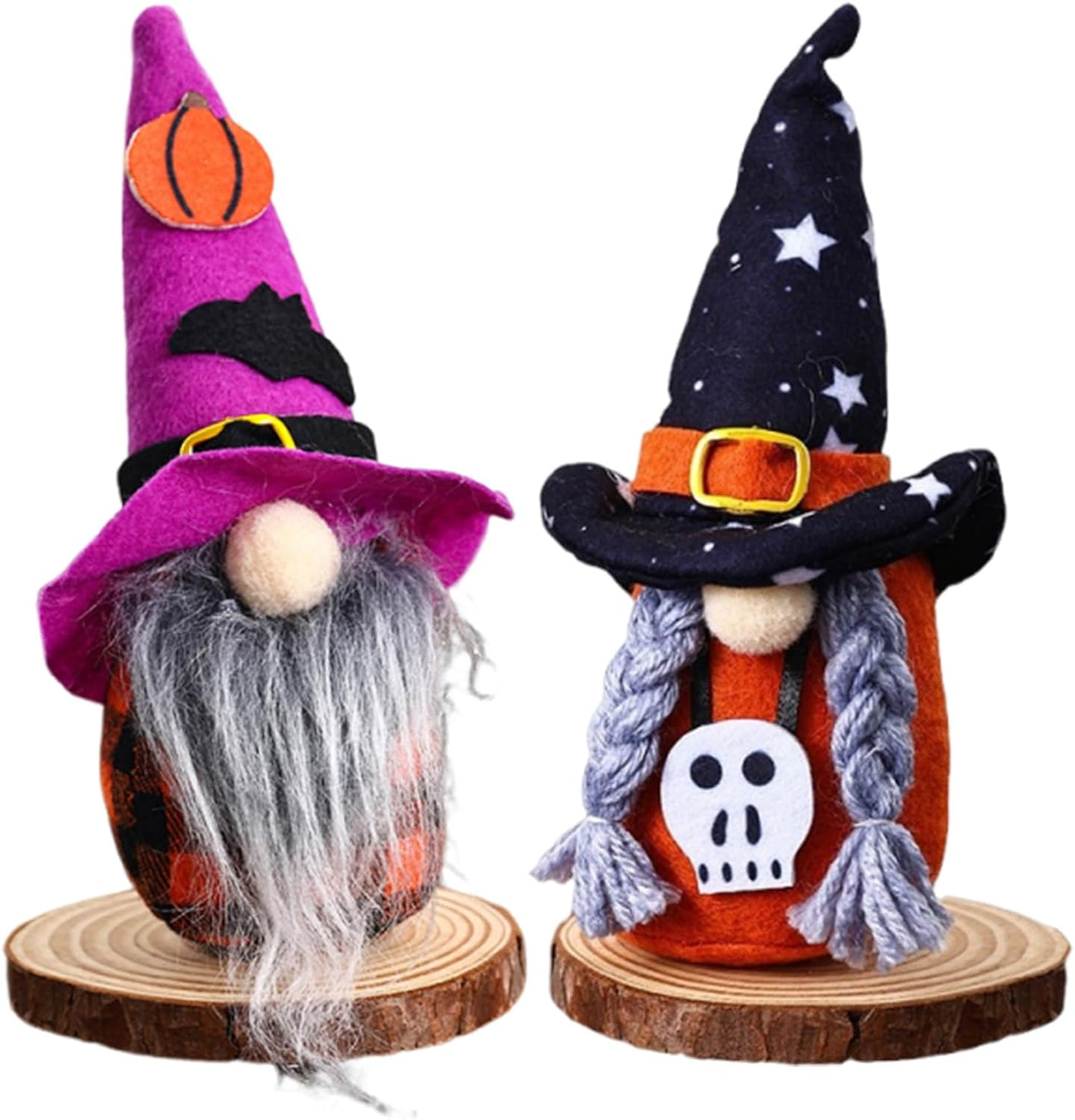 Two handmade felt witch gnomes in tall hats, one stitched with a crescent moon and one with stars