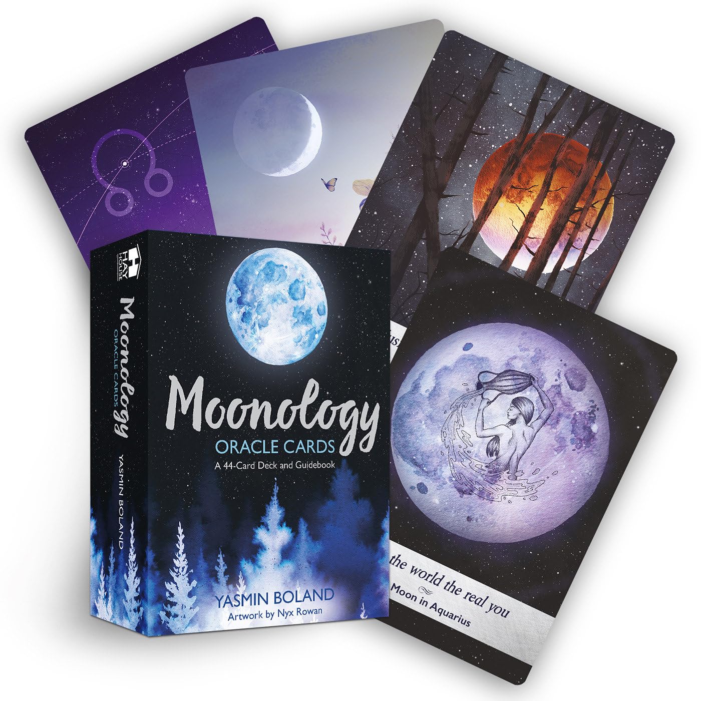 Moonology Oracle Cards box by Yasmin Boland with several moon-themed cards fanned behind it