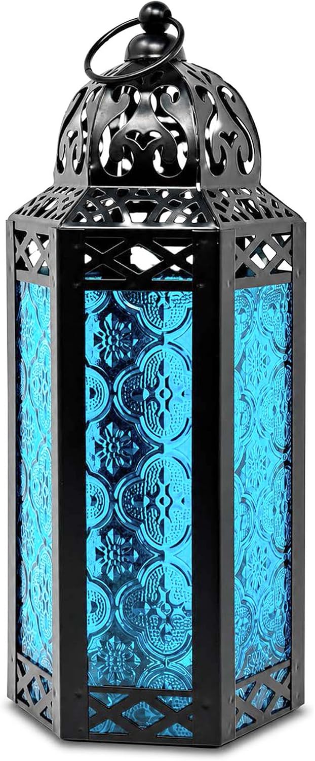 Tall Moroccan-style black metal candle lantern with blue embossed glass panels and a domed, cut-work top