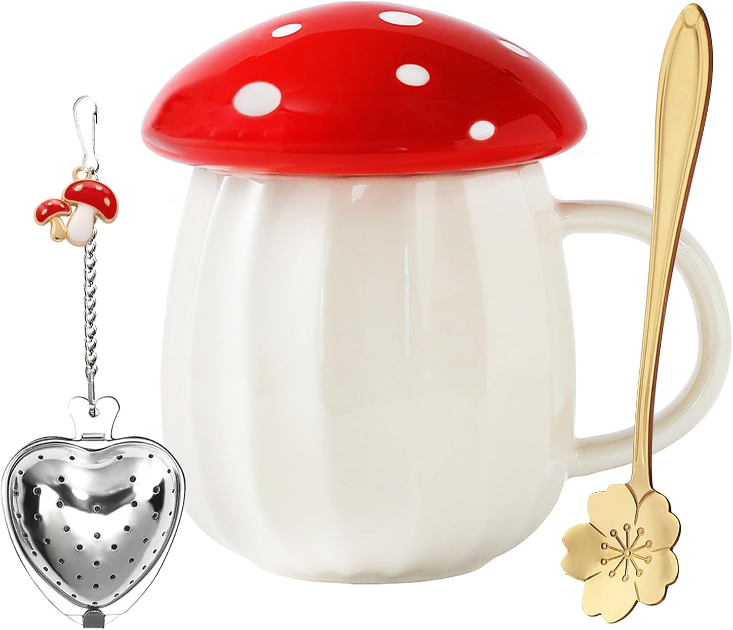 Red-spotted mushroom-shaped ceramic mug with toadstool lid and spoon