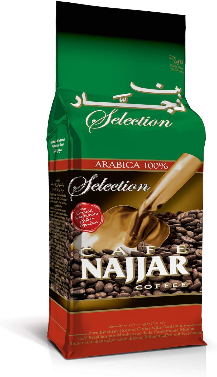 Green and red bag of Cafe Najjar classic coffee with ground cardamom