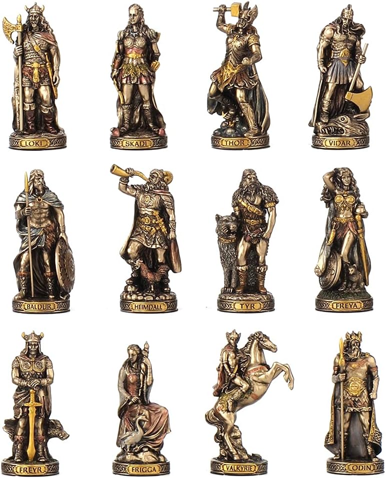 Twelve small bronze-finish figurines of the Norse gods on round named bases, including Odin, Thor, Freya, Loki, Tyr with his wolf and a Valkyrie on horseback