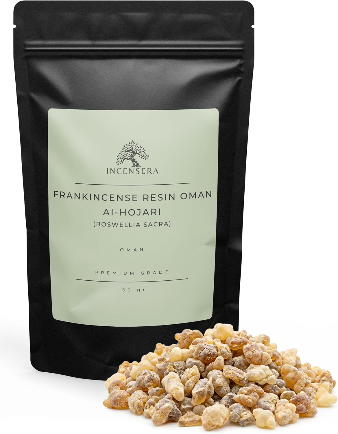 Pouch of Incensera Omani frankincense resin with a pile of golden resin tears beside it