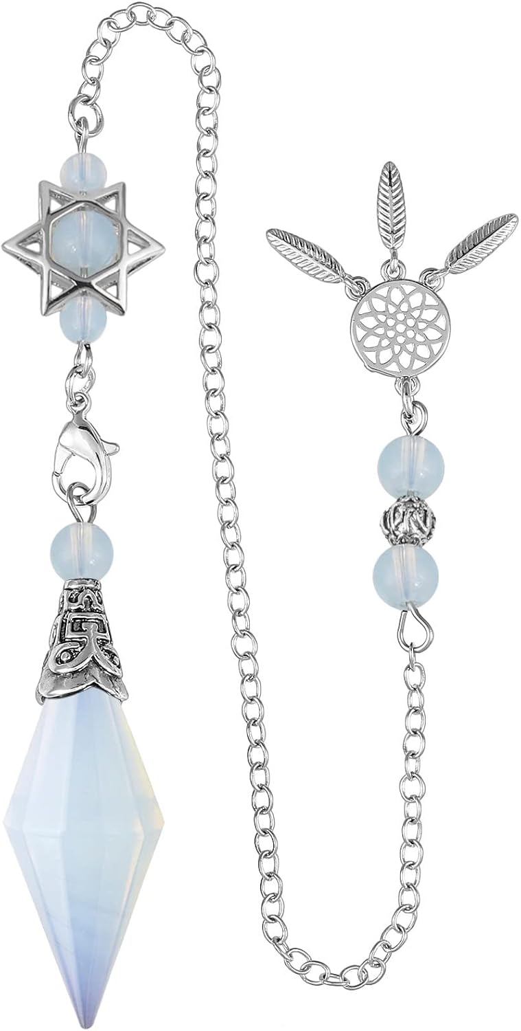 Faceted pale opalite point pendulum with an ornate silver cap, on a silver chain strung with opalite beads, a silver Merkaba star, and a dreamcatcher charm with three feathers