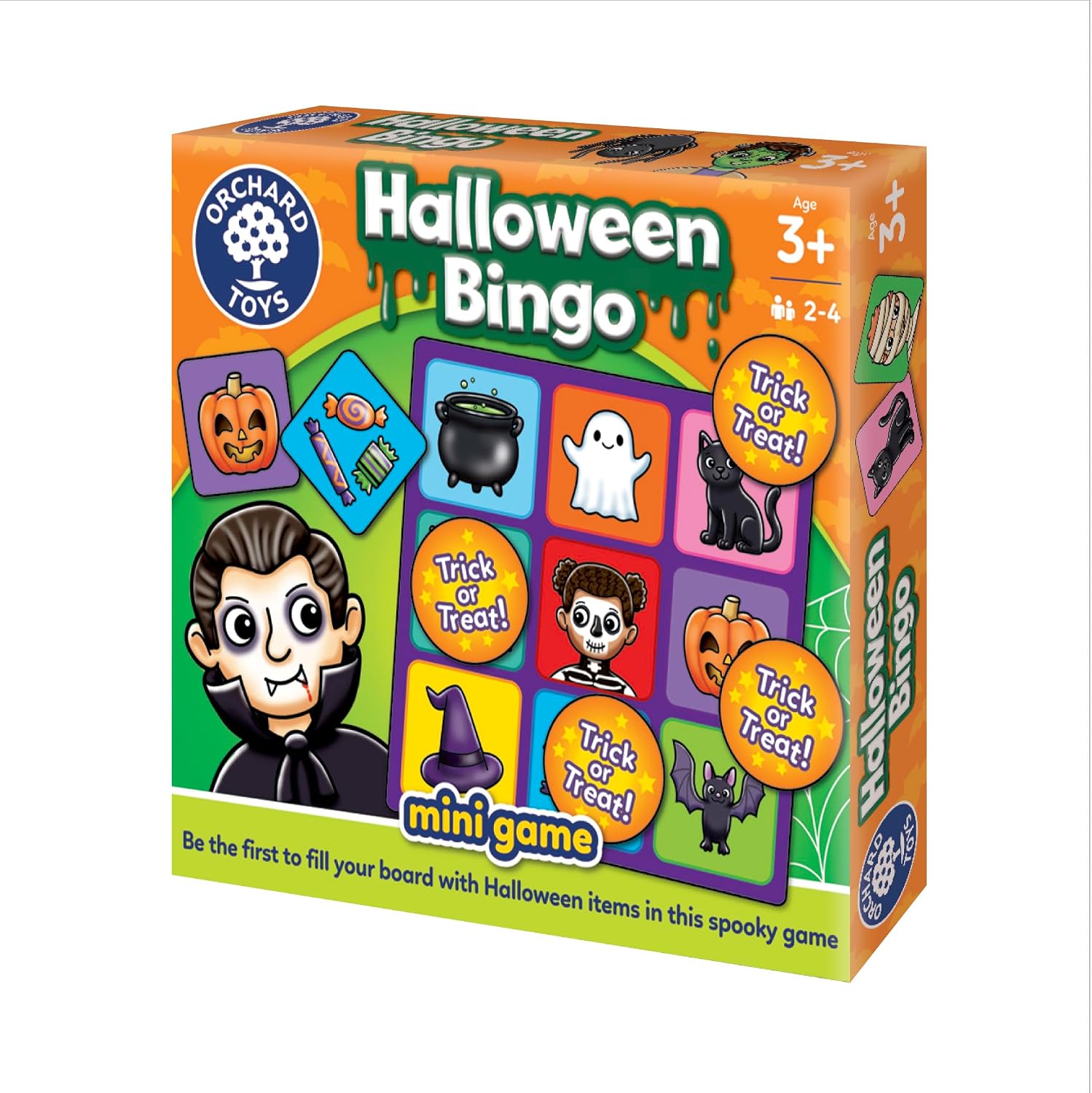 Box of Orchard Toys Halloween Bingo mini game for ages 3 and up, 2 to 4 players, showing a bingo board of a cauldron, ghost, black cat, witch's hat and bat with Trick or Treat counters and a cartoon vampire
