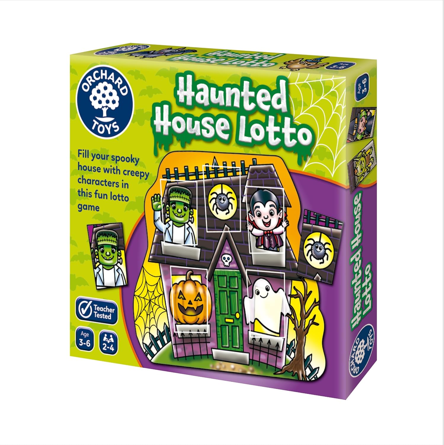 Box of Orchard Toys Haunted House Lotto mini game for ages 3 to 6, 2 to 4 players, showing a purple haunted house with cards of a friendly monster, a vampire, a spider, a pumpkin and a ghost filling its windows