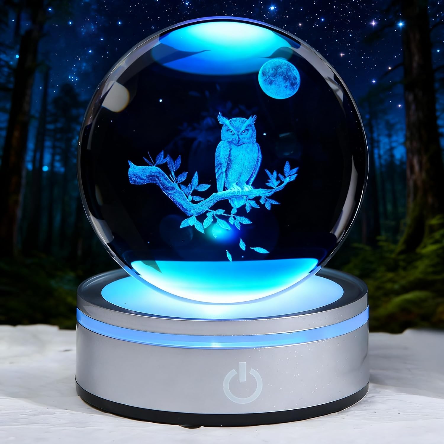 Owl night light — 3D crystal ball lamp with colour-changing LED base, engraved with an owl on a branch beneath a moon