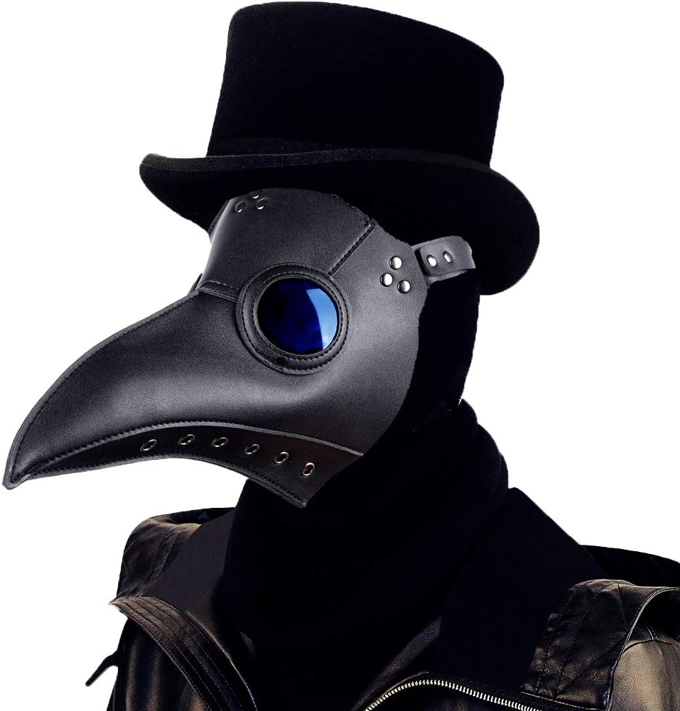 Black faux-leather plague doctor mask with a long curved beak, riveted straps and round blue-tinted eye lenses, worn with a black top hat and dark coat