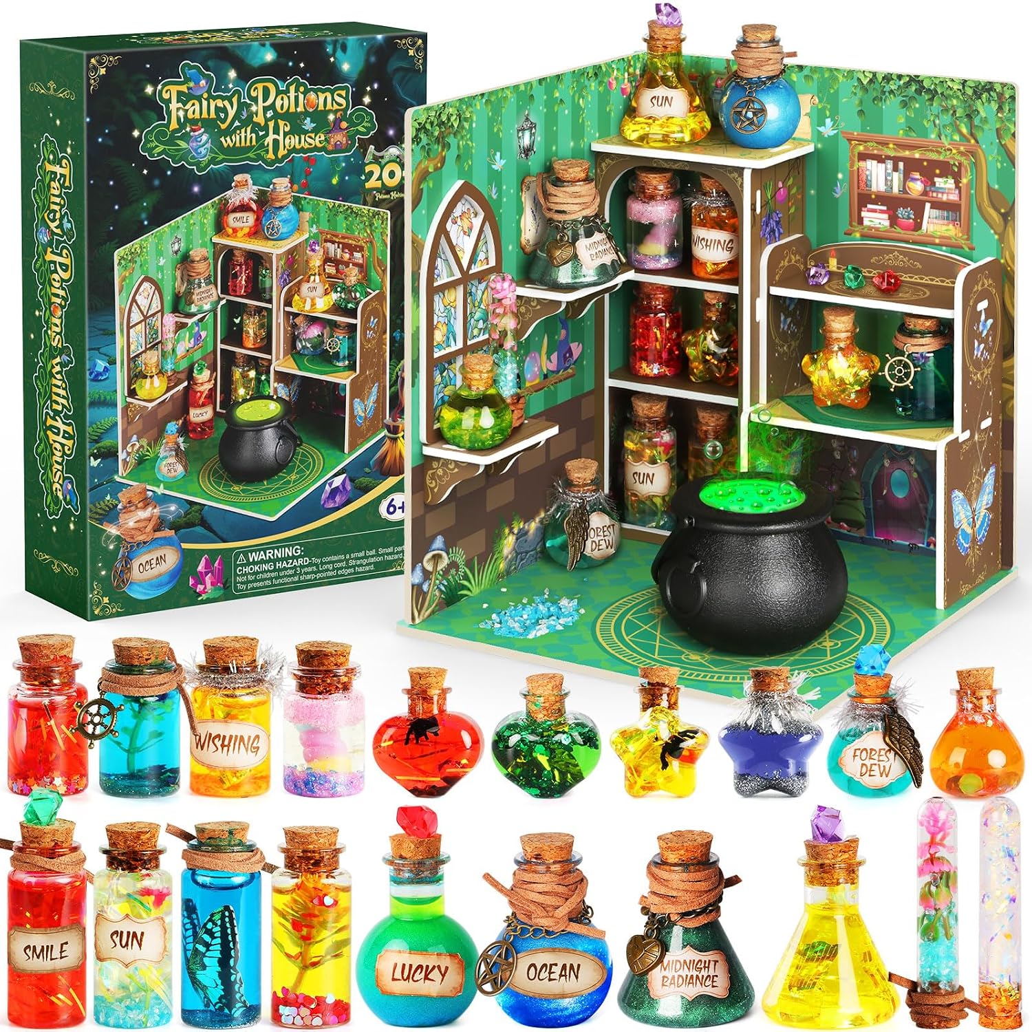 Fairy Potions with House kids' craft kit: a fold-out green potion-shop house with shelves of corked bottles and a black cauldron, beside the box and rows of colourful finished potions labelled Lucky, Ocean, Wishing and Sun