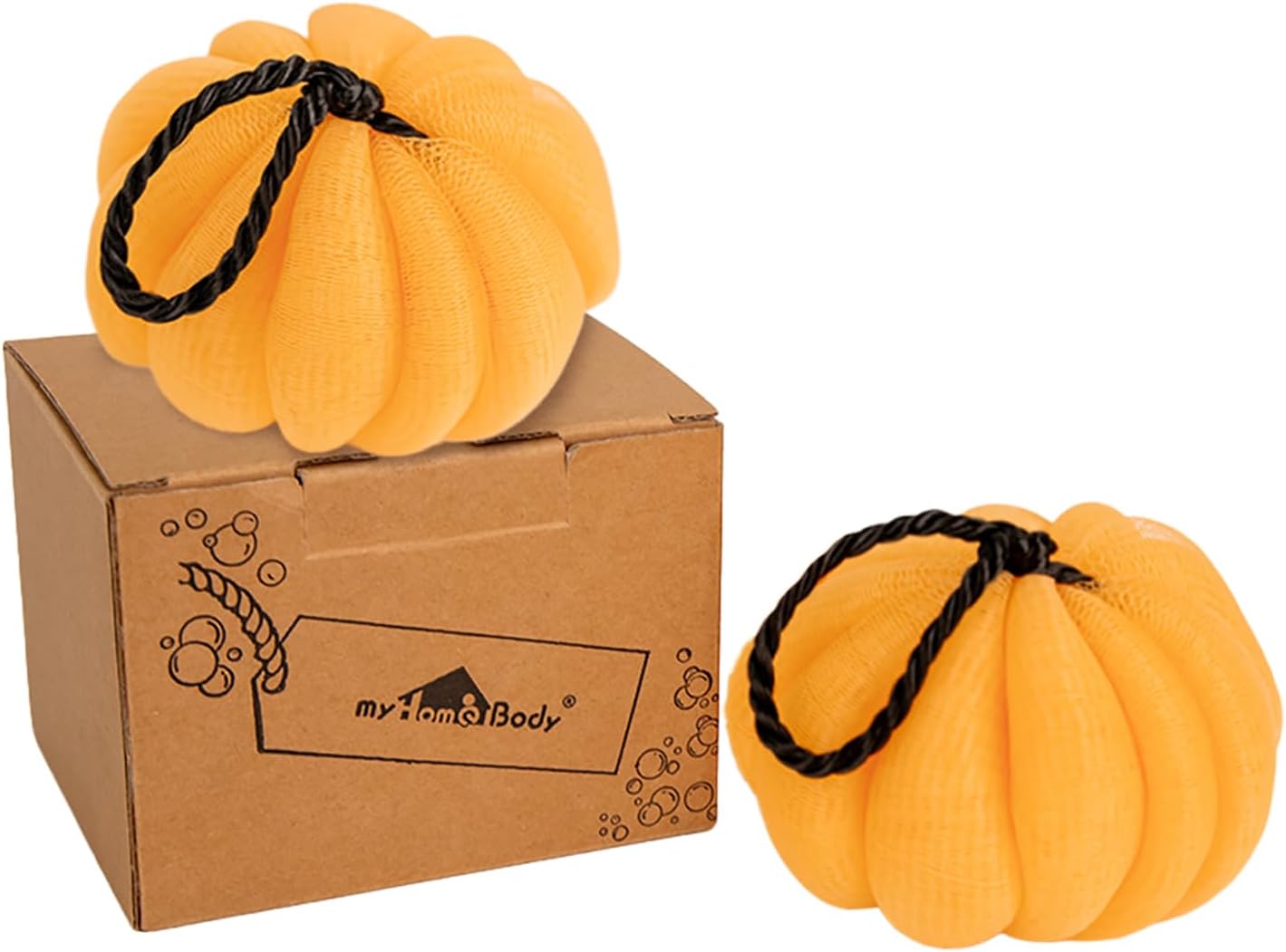 Two orange mesh shower puffs shaped like ribbed pumpkins, each with a black twisted-rope hanging loop for a stalk, beside a brown cardboard gift box