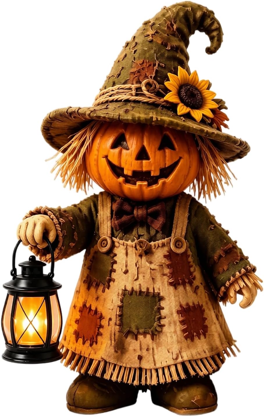 Pumpkin-headed scarecrow figurine with a grinning jack-o'-lantern face, a floppy patched witch's hat with a sunflower, straw hair and a patchwork pinafore, holding a glowing lantern