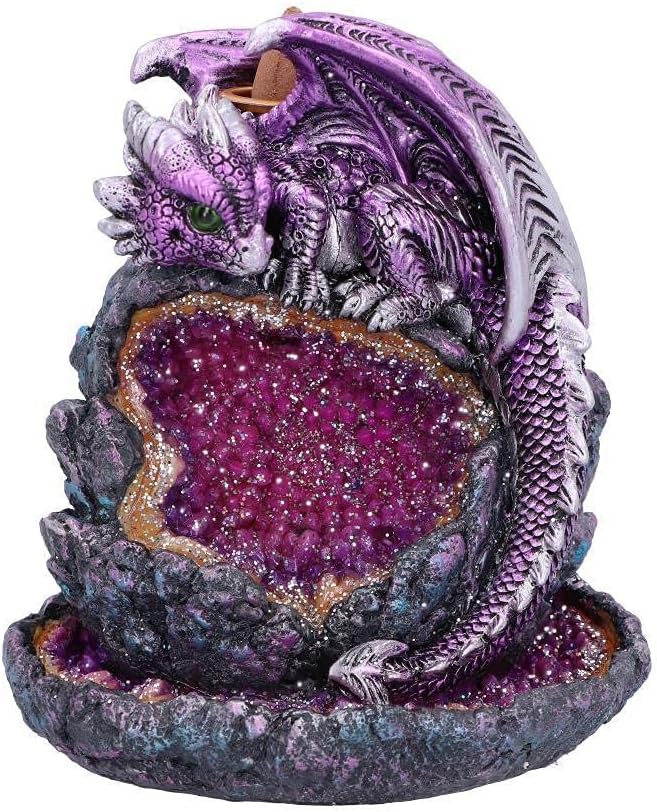 Hand-painted purple dragon curled around a sparkling amethyst-style geode, made as a backflow incense burner