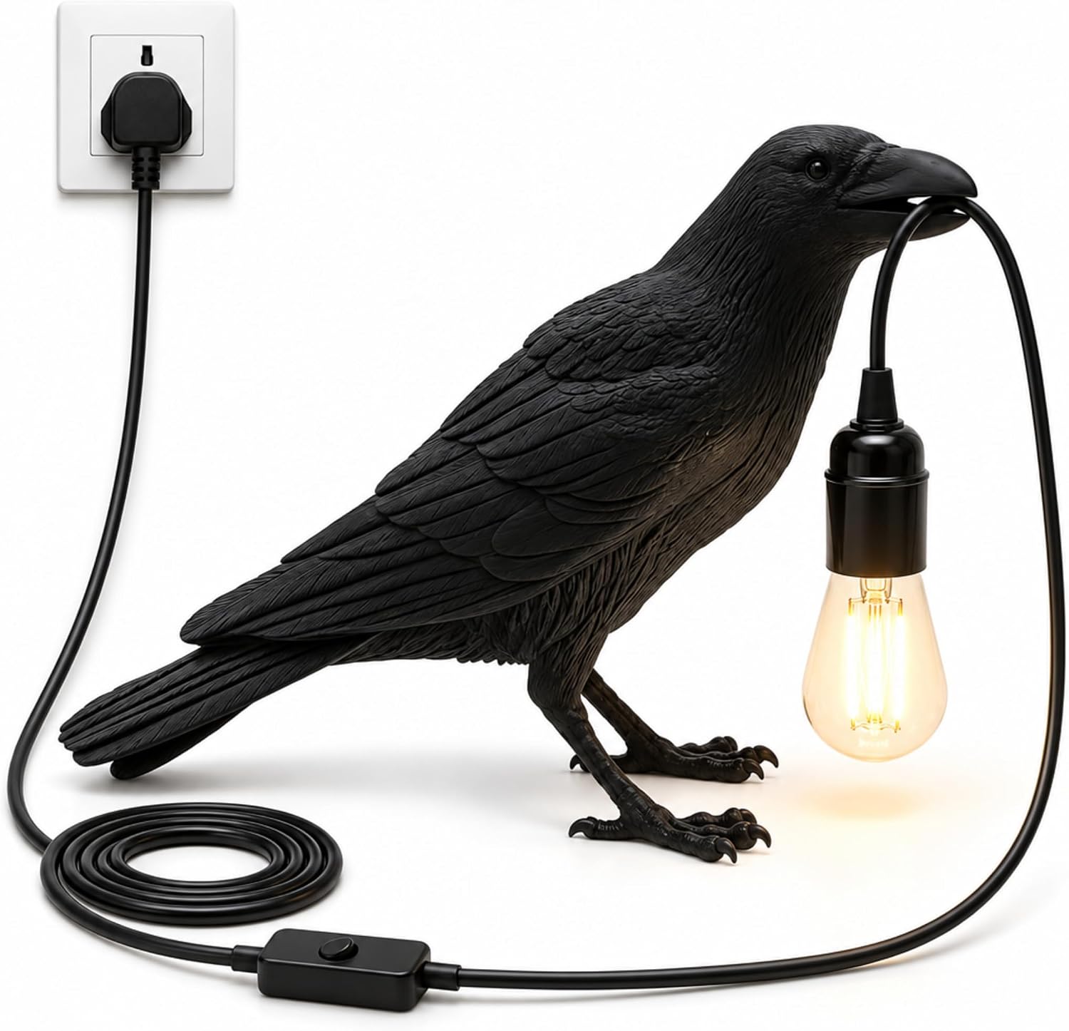Black resin raven table lamp, a life-like crow standing on its feet holding a hanging bulb holder in its beak, with a lit filament bulb