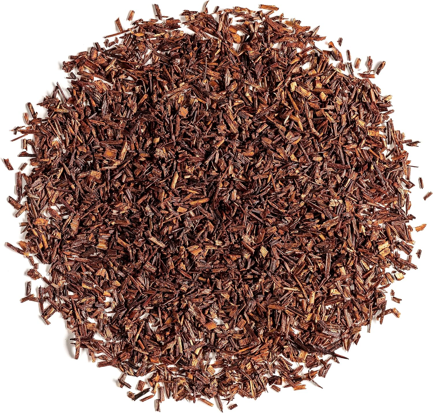 A heap of red-brown loose leaf rooibos tea