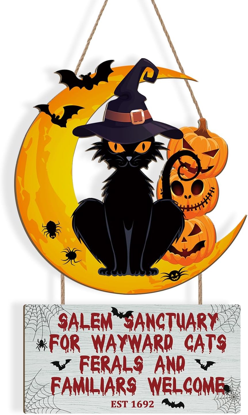 Hanging wooden Halloween sign of a black cat in a witch's hat sitting in a golden crescent moon with stacked jack-o'-lanterns and bats, above a plaque reading Salem Sanctuary for Wayward Cats, Ferals and Familiars Welcome, Est 1692